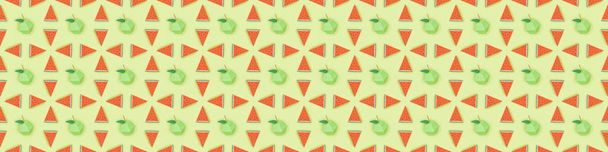 panoramic shot of seamless pattern with handmade cardboard apples and watermelon slices isolated on green - Photo, Image