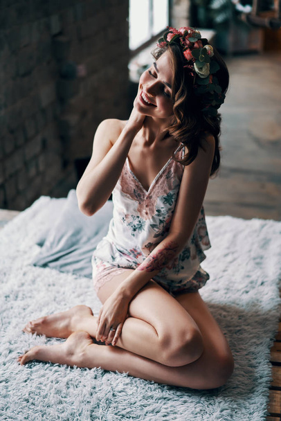 Happy smiling woman enjoy morning after wake up. relax concept                                - Fotografie, Obrázek
