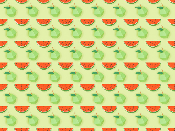 pohled na bezešvé vzorky s ručně zhotovenou kartonovou jablek a plátky melounu, izolované na zelené - Fotografie, Obrázek