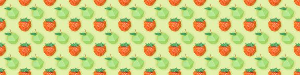 panoramic shot of pattern with handmade paper strawberries and apples isolated on green - Photo, Image