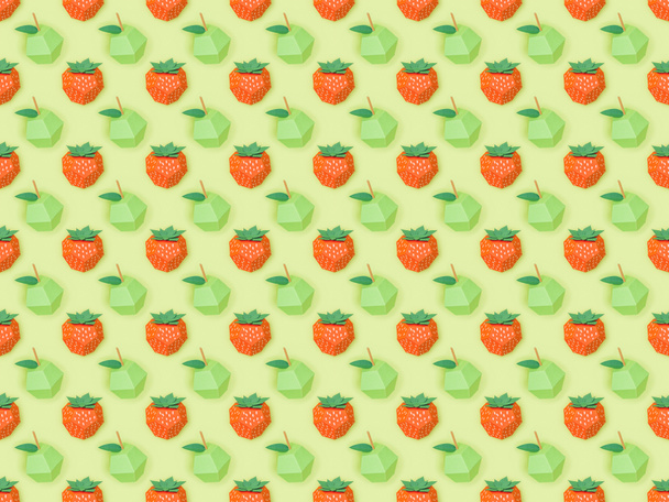 vista superior del patrón texturizado con fresas de papel hechas a mano y manzanas aisladas en verde
 - Foto, Imagen