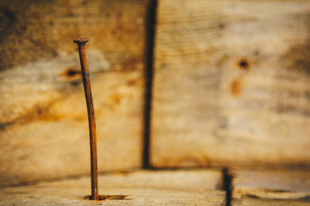 Old long rusty curve nail hammered into a wooden bar on a rustic wooden background close-up. macro - Foto, immagini