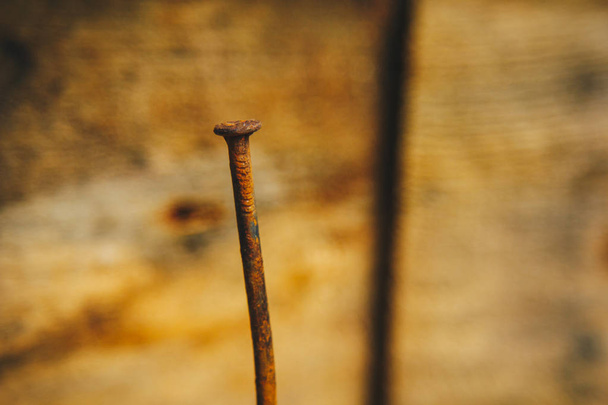 Old long rusty curve nail hammered into a wooden bar on a rustic wooden background close-up. macro - Fotoğraf, Görsel