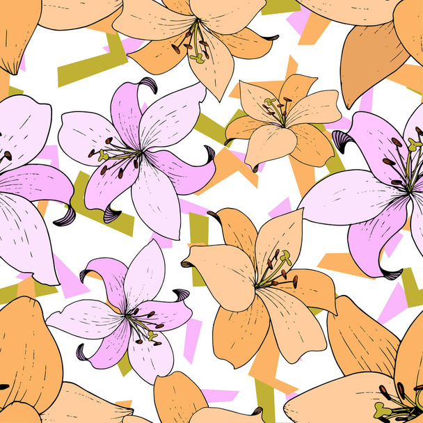 Vector Lily floral botanical flower. Engraved ink art. Seamless background pattern. Fabric wallpaper print texture. - Vektori, kuva