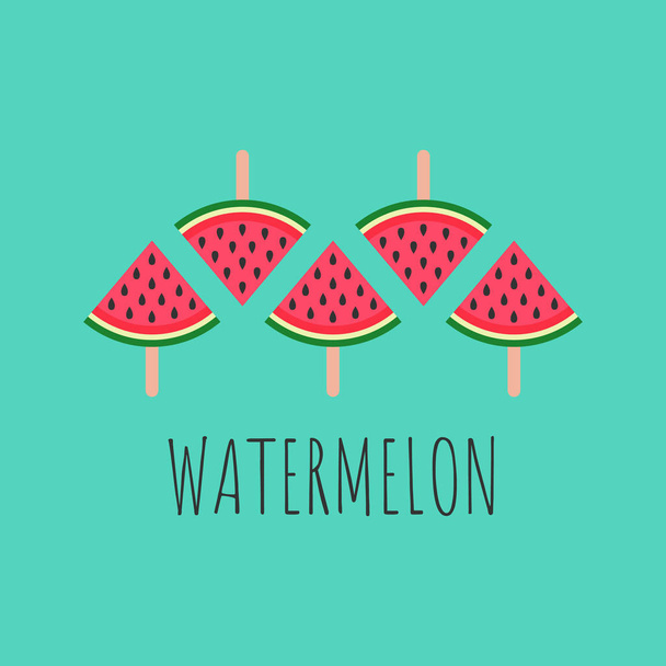 watermelon inscription design watermelon slices on sticks, vector illustration on blue background. summer concept - Vector, Image