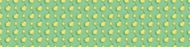 panoramic shot of pattern with handmade paper pears isolated on green - Zdjęcie, obraz