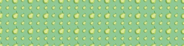 panoramic shot of pattern with handmade paper pears isolated on green - Φωτογραφία, εικόνα