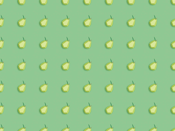 top view of seamless pattern with handmade paper pears isolated on green - Fotó, kép
