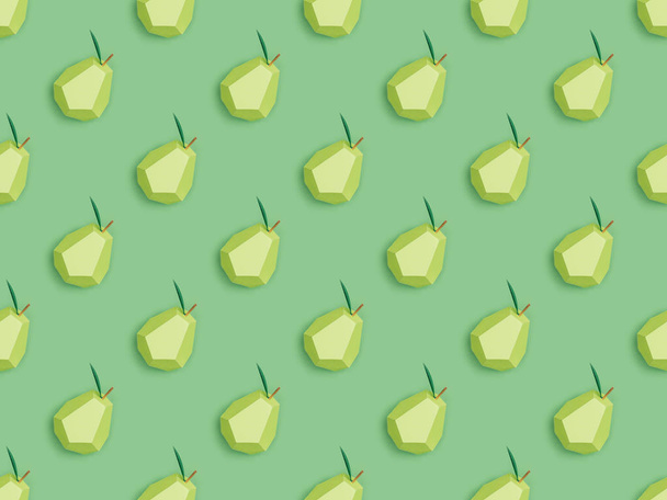top view of pattern with handmade cardboard pears isolated on green - Foto, Imagem