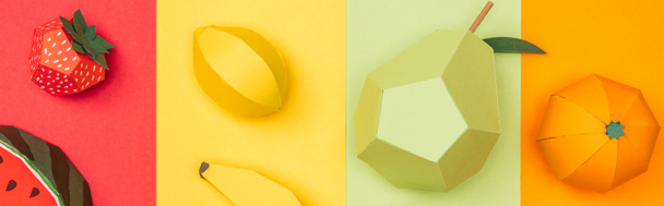 tiro panorâmico de vários frutos origami artesanais em listras de papel multicoloridas
 - Foto, Imagem