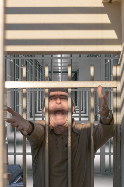 刑務所のドアから自由に手を伸ばす男が叫ぶ - 写真・画像