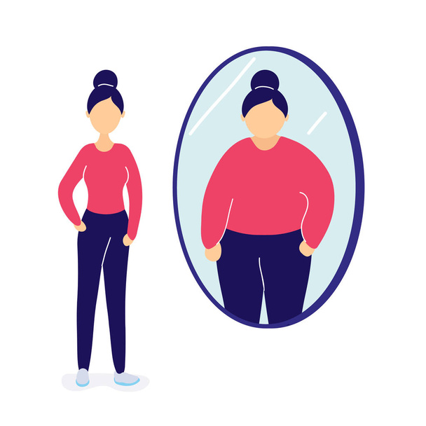 Slim donna vedendo se stessa grassa nello specchio
 - Vettoriali, immagini