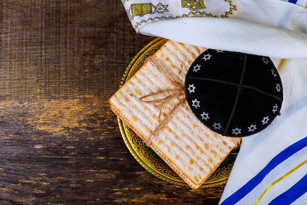 Jewish holiday passover matzot with seder on plate on table close up - Photo, Image