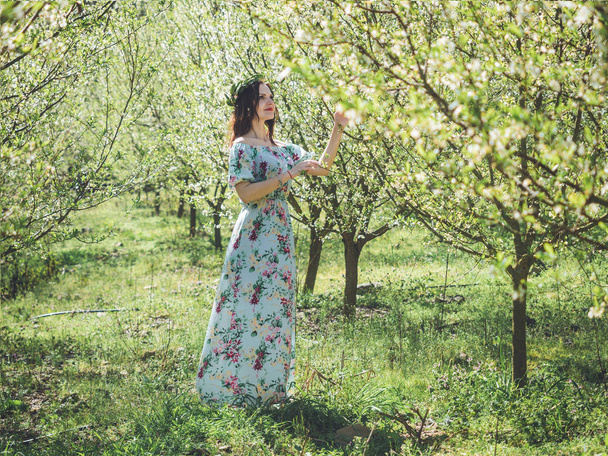 Young beautiful brunette woman in long dress spring blossom trees. - Foto, Imagem