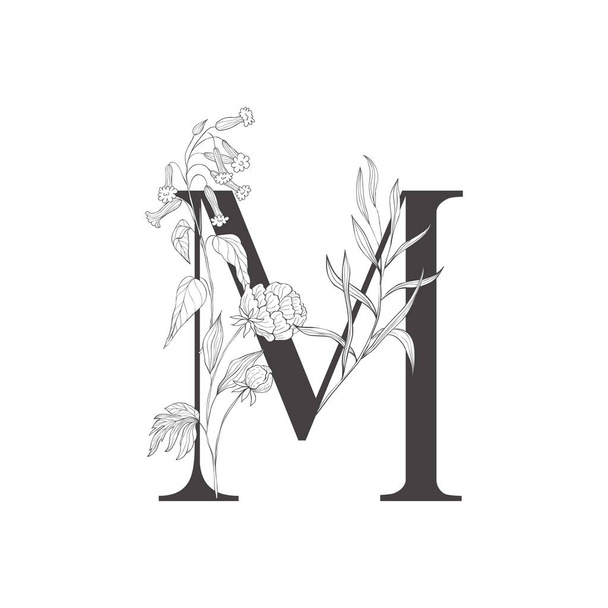 Floral botanical alphabet. Letter with plants and flowers. - Vetor, Imagem