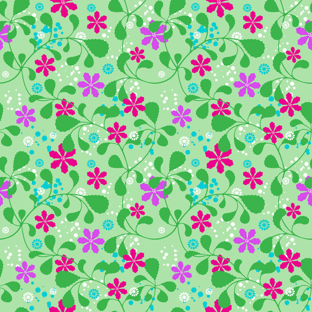 Seamless summer pattern, interlacing thin branches with leaves, fancy flowers and bubbles on background. Swatch included in EPS file. - Vecteur, image