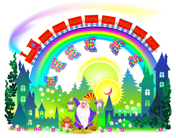 Illustration of fantasy fairyland kingdom. Cover for kids fairy tale book. Poster for travel company. Modern print for little children and kindergarten. Vector cartoon image. - Vector, Image