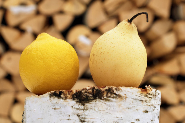 λεμόνι και αχλάδι σε ένα κούτσουρο σημύδας σε φόντο καυσόξυλα από μια σημύδα - Φωτογραφία, εικόνα