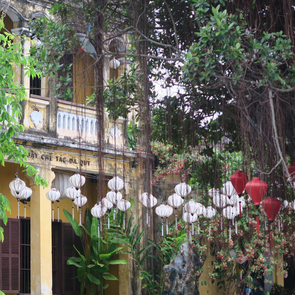 aamulla "hoi an" kaupungissa räätälien ja lampionien kaunis vanha kaupunki, jossa on jokilaivoja ja monia kukkia taloissa, vain aamulla ilman monia turisteja Vietnamin keskustassa maaliskuussa 2019
 - Valokuva, kuva
