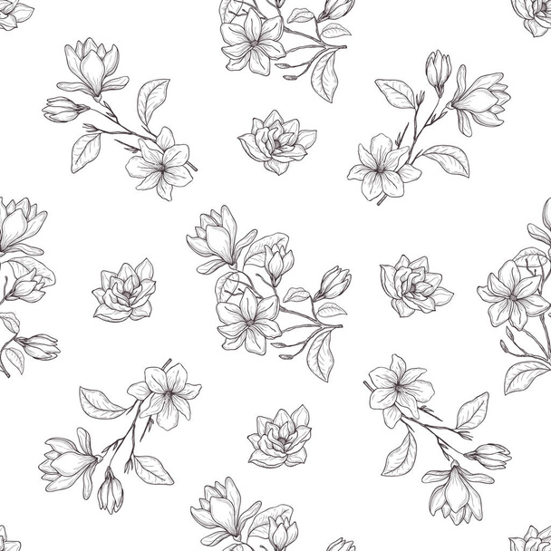 Seamless botanical line art pattern. Background with magnolia. - Vector, afbeelding