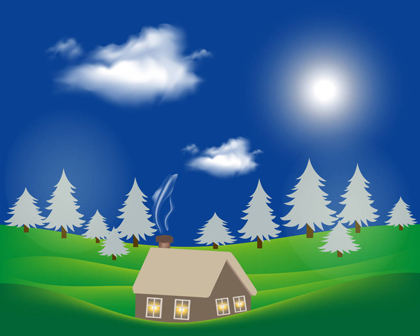 Hilly rural landscape with house and tree. - Vector, Image