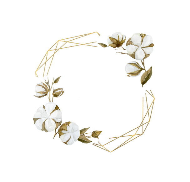 Watercolor Cotton flower frame with gold shape. - Foto, afbeelding