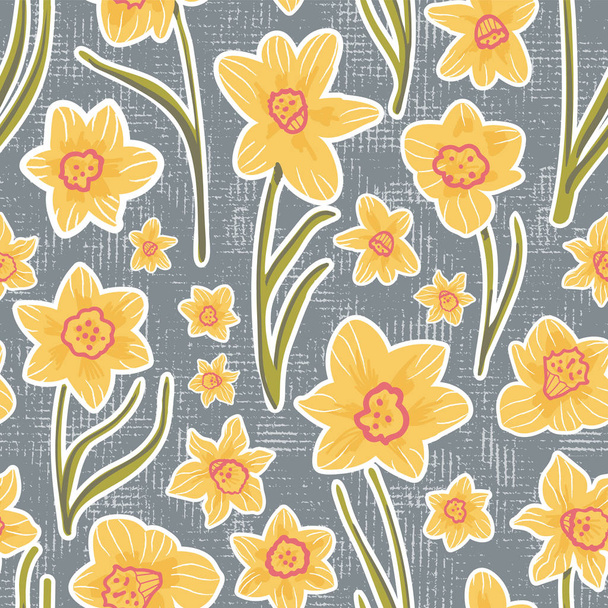 Yellow Daffodils on grey canvas - Stylized Folk Art. Seamless vector pattern. - Vector, Image