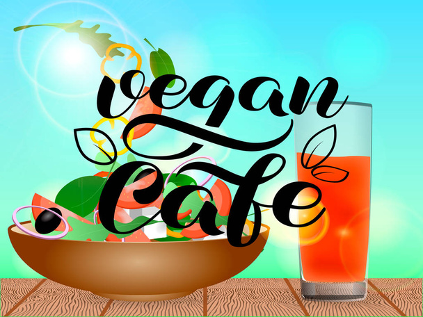 Bowl full of vegetarian salad. Vegan cafe lettering. Orange juice in a glass. Vector illustration - ベクター画像