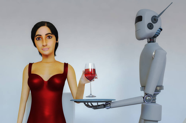 Een robot serveert rode wijn aan een mooie vrouw  - Foto, afbeelding