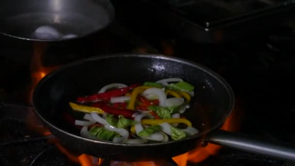 Professionele chef-kok en vuur. Groenten en eten koken boven een open vuur op een donkere achtergrond - Video