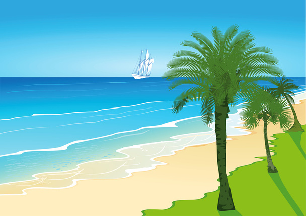 Beach with palm trees and sailing ship - Vector, Image