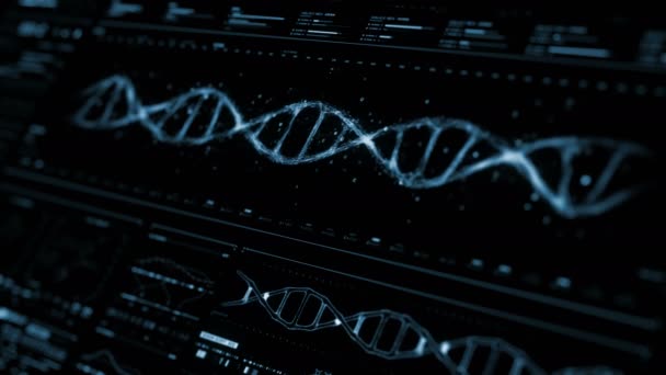 未来的なDNA分析プロセスの詳細なデジタルインターフェイス。ヒトDNA配列モニター高品質の医療ハド。フォーカス外効果を持つコールドブルー未来医療画面の視点. - 映像、動画