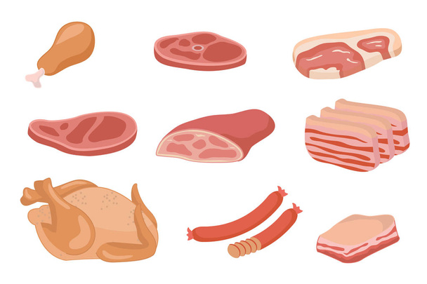 Set of meat and sausages collection with modern flat color and red color - vector - Vector, Image