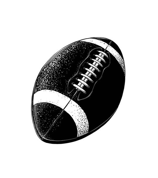 Vektorzeichnung eines Rugby-Balls in schwarzer Farbe, isoliert auf weißem Hintergrund. Grafische Illustration, Handzeichnung. Zeichnung für Plakate, Dekoration und Druck. Vektorillustration - Vektor, Bild