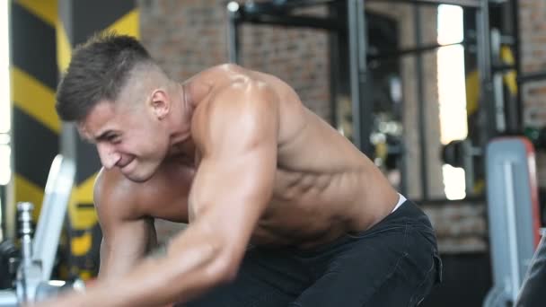 筋肉のトレーニングフィットネスとボディビルディングのコンセプトの背景を汲み上げるハンサムな強い運動能力の男性-筋肉のボディービルダーフィットネス男性はジムの裸の胴で腕のABSバック演習を行う - 映像、動画