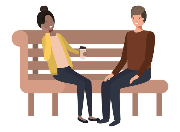 young couple drinking coffee in wooden chair - Vector, Image