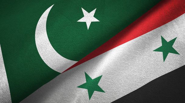 Pakistan i Syria dwie flagi tkanina tekstylna, tekstura tkaniny - Zdjęcie, obraz