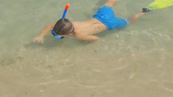 Küçük çocuk denizde şnorkelle yüzüyor. - Video, Çekim