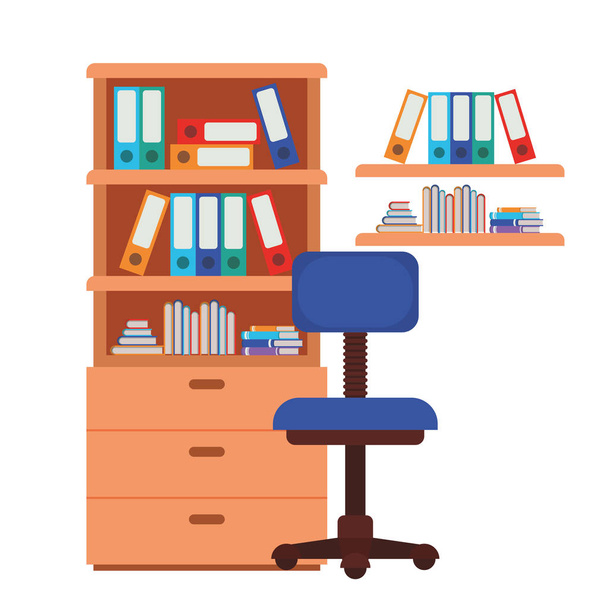 本とオフィスの椅子の孤立したアイコンでシェルビング - ベクター画像