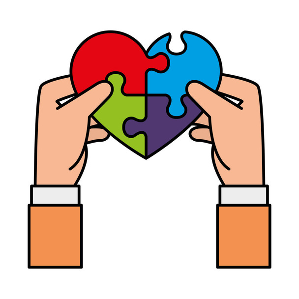 hands lifting heart with puzzle attached solution - Vector, Image