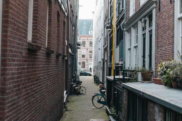 Cozy narrow european street with old red brick houses - Zdjęcie, obraz