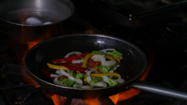Chef professionnel et feu. Cuisson des légumes et de la nourriture au-dessus d'un feu ouvert sur un fond foncé - Séquence, vidéo
