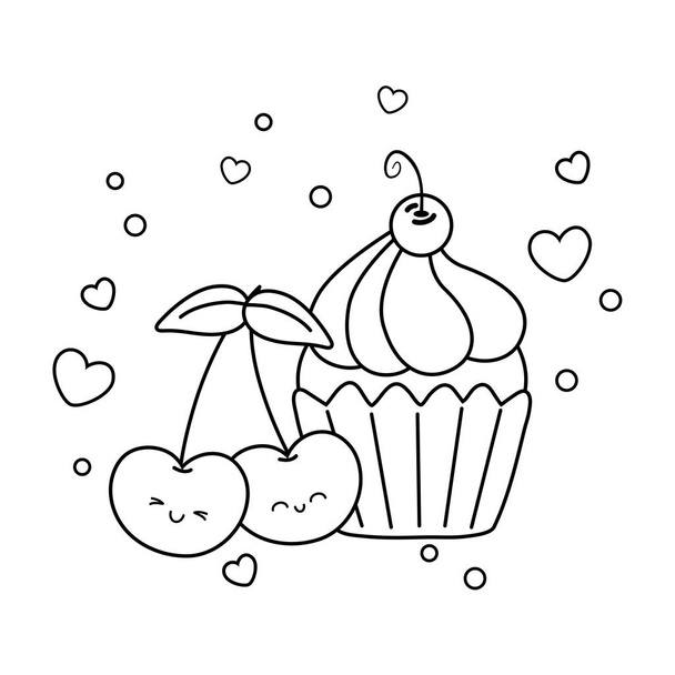 muffin and cherries black and white - Vector, Image