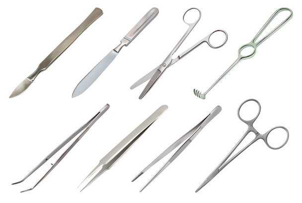 Sada chirurgických nástrojů. Různé typy pinzety, všechny kovové opakovaně použitelné skalpel, svorka s zarážkami, rovné nůžky se zaoblenými zakonky, zubatý hák Folkmann, jednorázové injekční stříkačka. Vektorový obraz - Vektor, obrázek