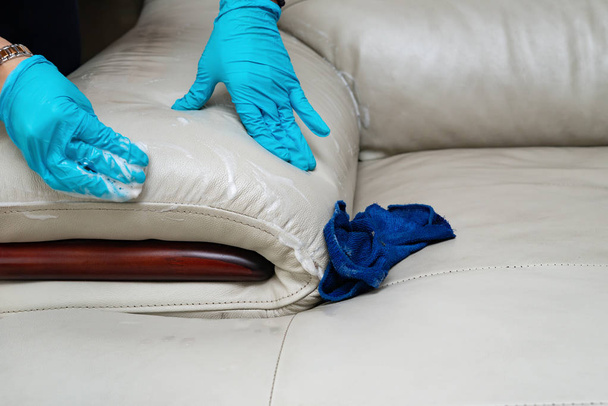 lady cleaning leather sofa with soapy sponge - Photo, Image