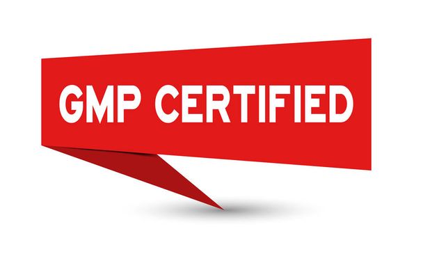 Bannière de discours en papier rouge avec mot GMP (Abréviation de bonnes pratiques de fabrication) certifié sur fond blanc (vecteur
) - Vecteur, image