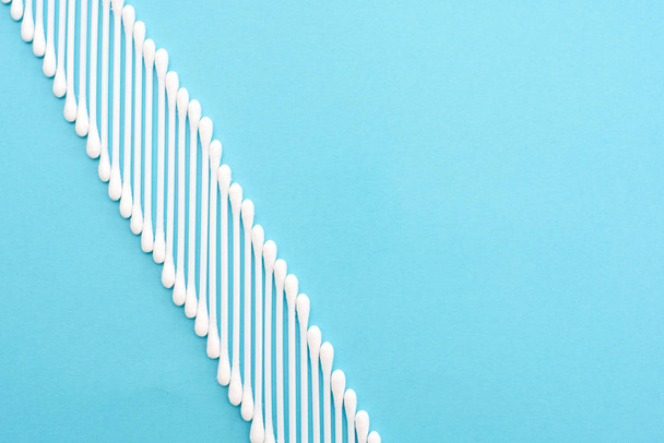 Brotes de algodón blanco se encuentran en una fila sobre un fondo azul
. - Foto, imagen
