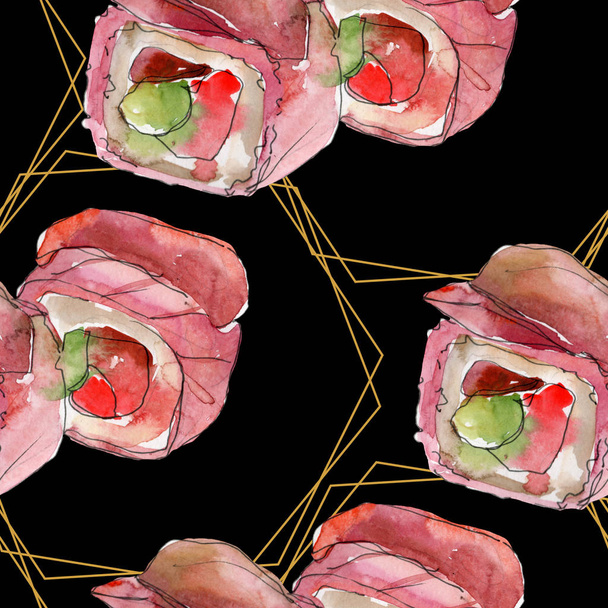 Ακουαρέλα σούσι σύνολο εικονογράφηση όμορφη νόστιμο ιαπωνικά τρόφιμα. Απρόσκοπτη υπόβαθρο μοτίβο. - Φωτογραφία, εικόνα