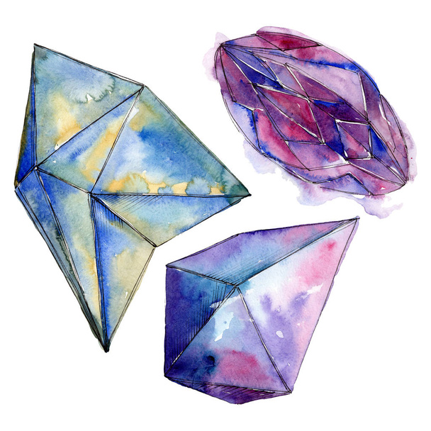 Colorful diamond rock jewelry minerals. Watercolor background set. Isolated crystal illustration element. - Photo, Image