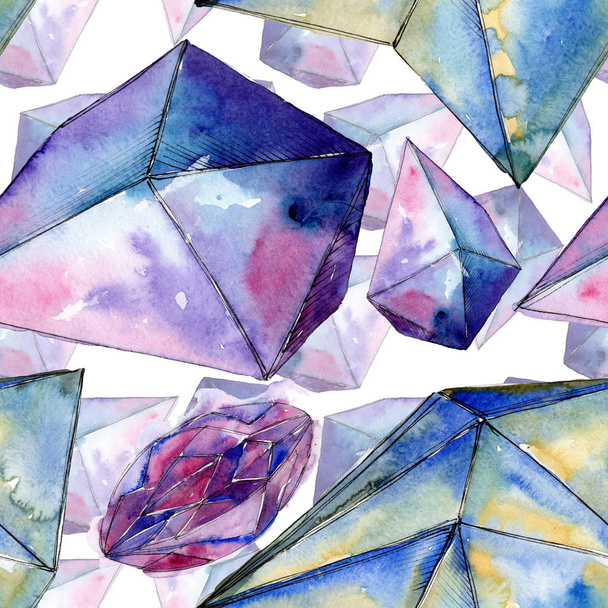 Colorful diamond rock jewelry minerals. Watercolor crystal stone background set. Seamless background pattern. - Photo, Image